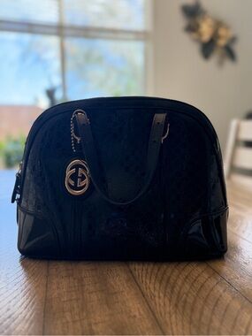 Gucci Black Patent Dome Satchel with Logo Charm